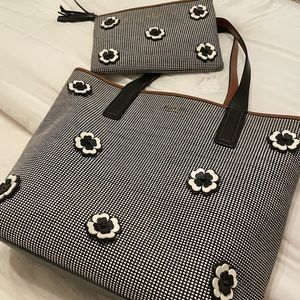 Kate Spade black and white texture tote bag with matching make up bag.